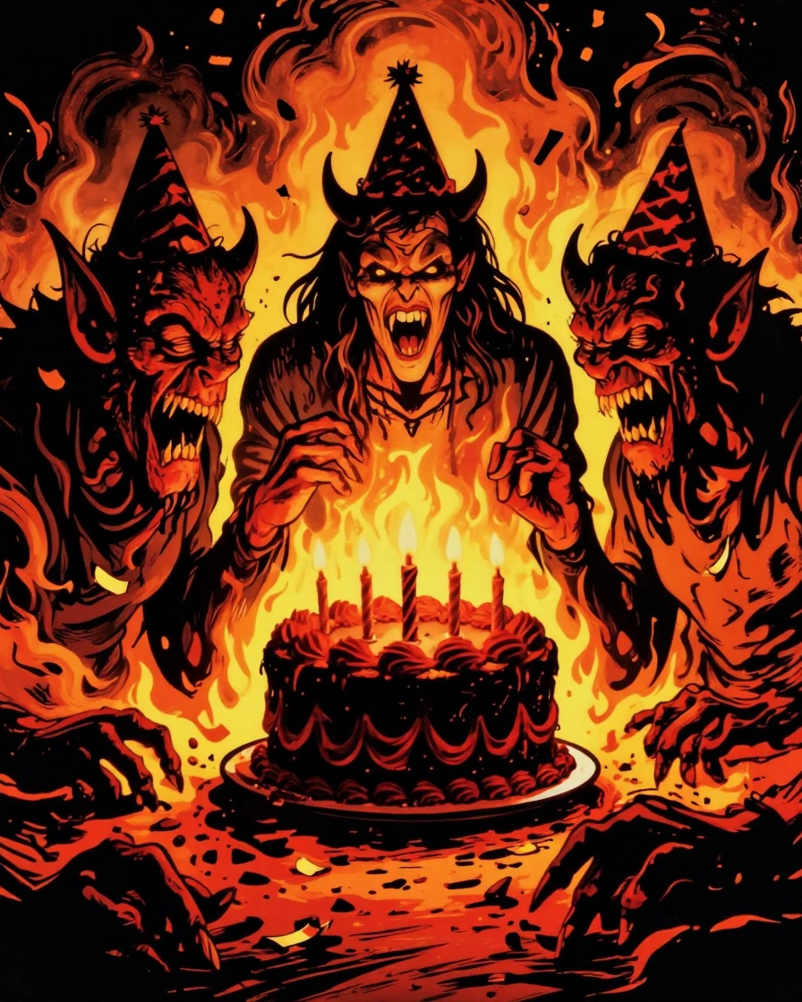 A chaotic birthday party in a sulfurous hell realm: grotesque demons in party hats gathered around a black cake with blood-red frosting and inverted candles, their shadows cast by hellfire, confetti made of ash and bone shards falling through acrid s