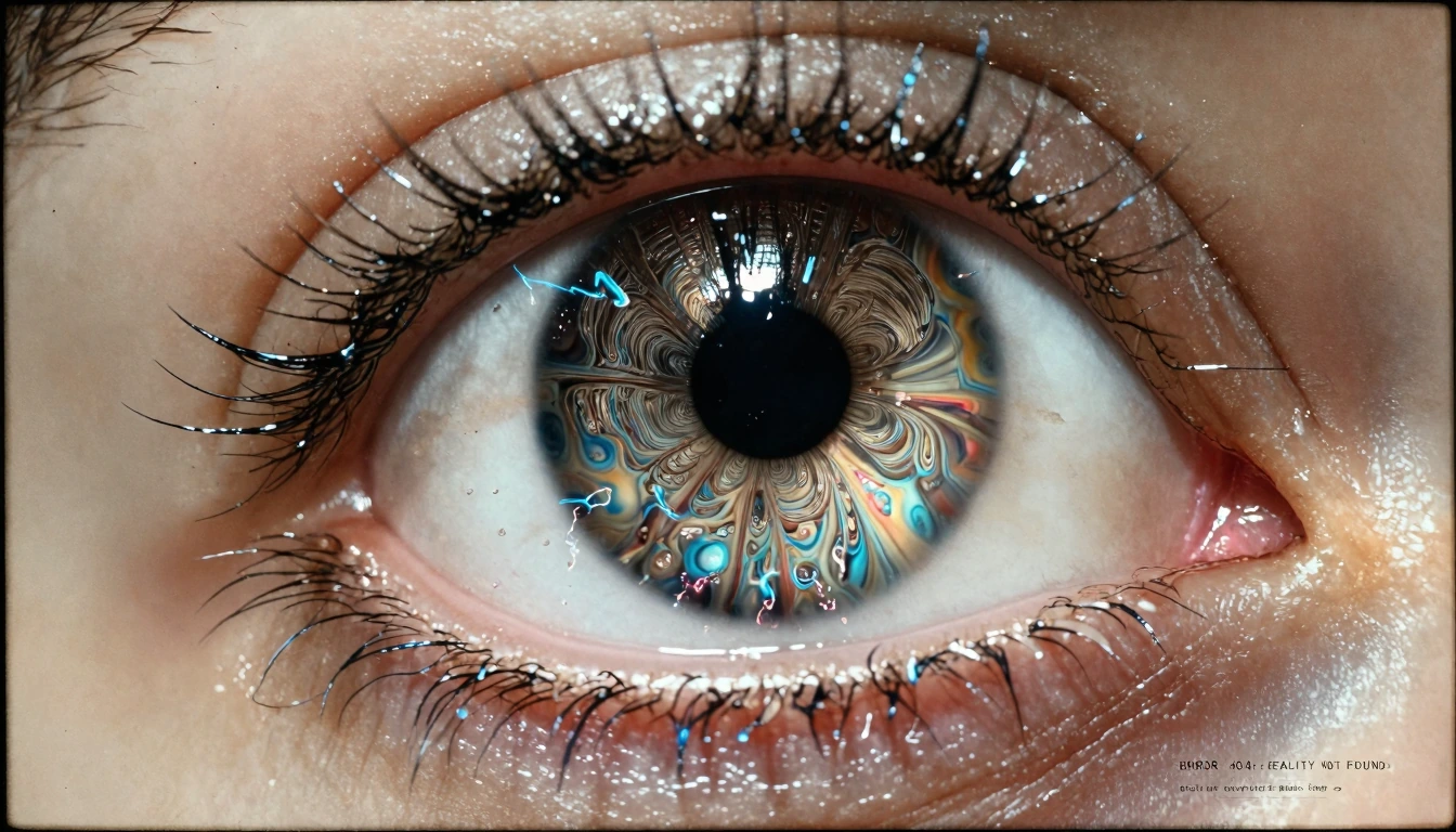 [RENDER_GOVERNOR: KLING_3.0_SUPREME_ENGINE, EXISTENTIAL_SIMULATION_V1] CORE_SUBJECT_META_RECURSION: A hyper-detailed close-up of a human eye, so large that the universe is contained within its pupil. The iris itself is a chaotic, flowing Mandelbrot s