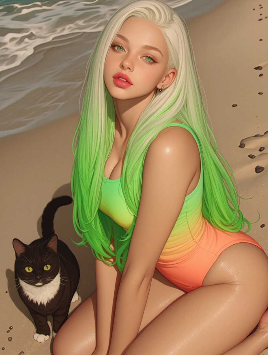 Wanna go swimming? 💦 Oops. My prompt didn’t show. Woman, cat, green eyes, platinum lime green ombre…