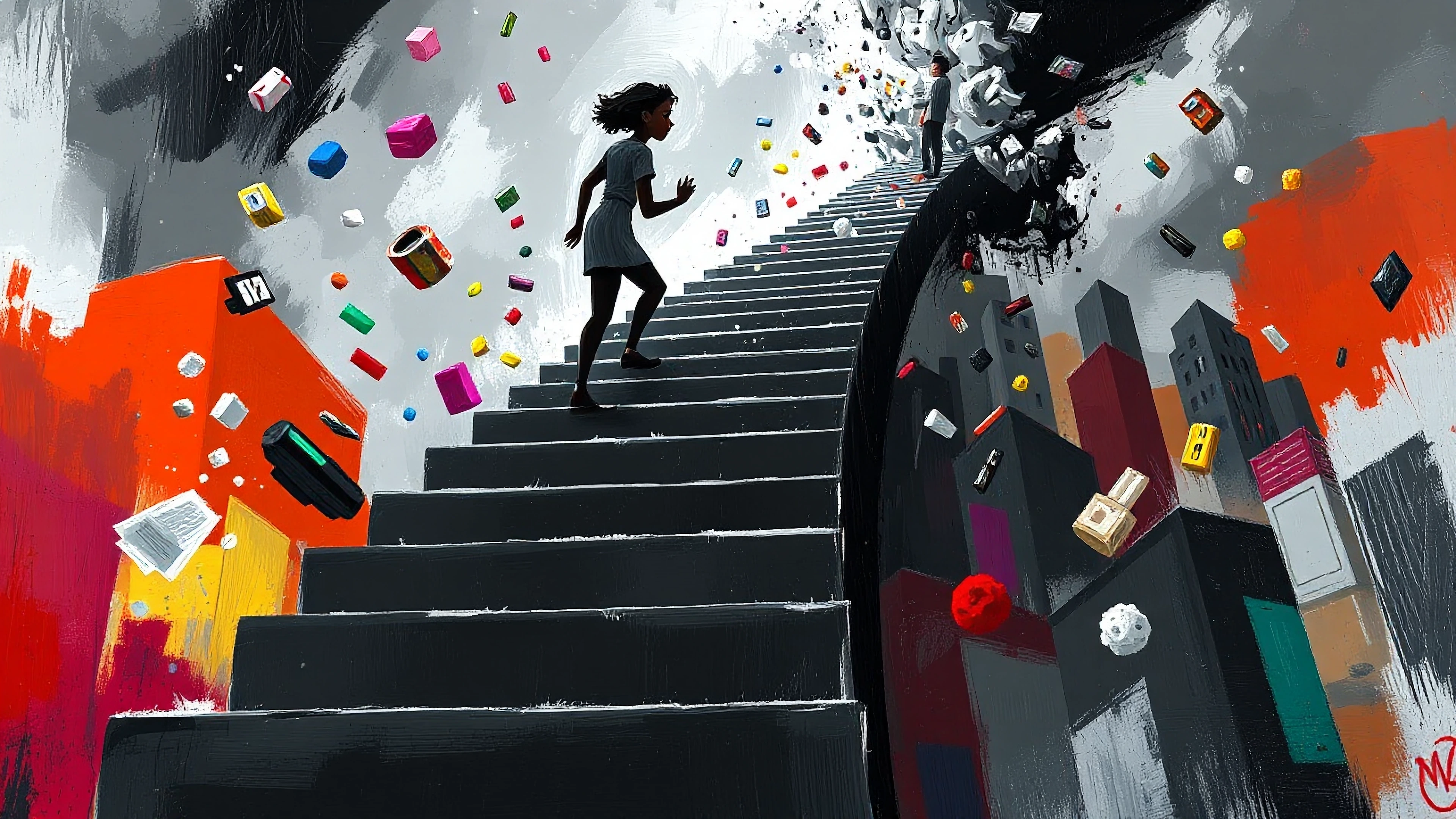 Cinematic framed keyframe in a raw, high-grade, abstract expressionist style optimized for Darkwhims. Bold, thick, gestural brushstrokes with visible textured paint, deliberate imperfect lines, and raw emotional energy. The image should feel like a l