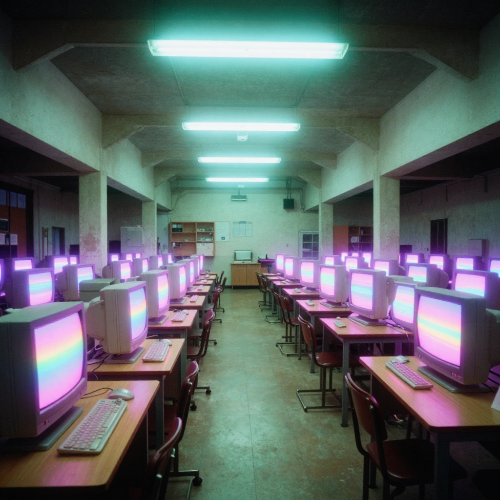 empty classroom at dusk, rows of old CRT monitors glowing soft pink and pastel rainbow hues, long fl…