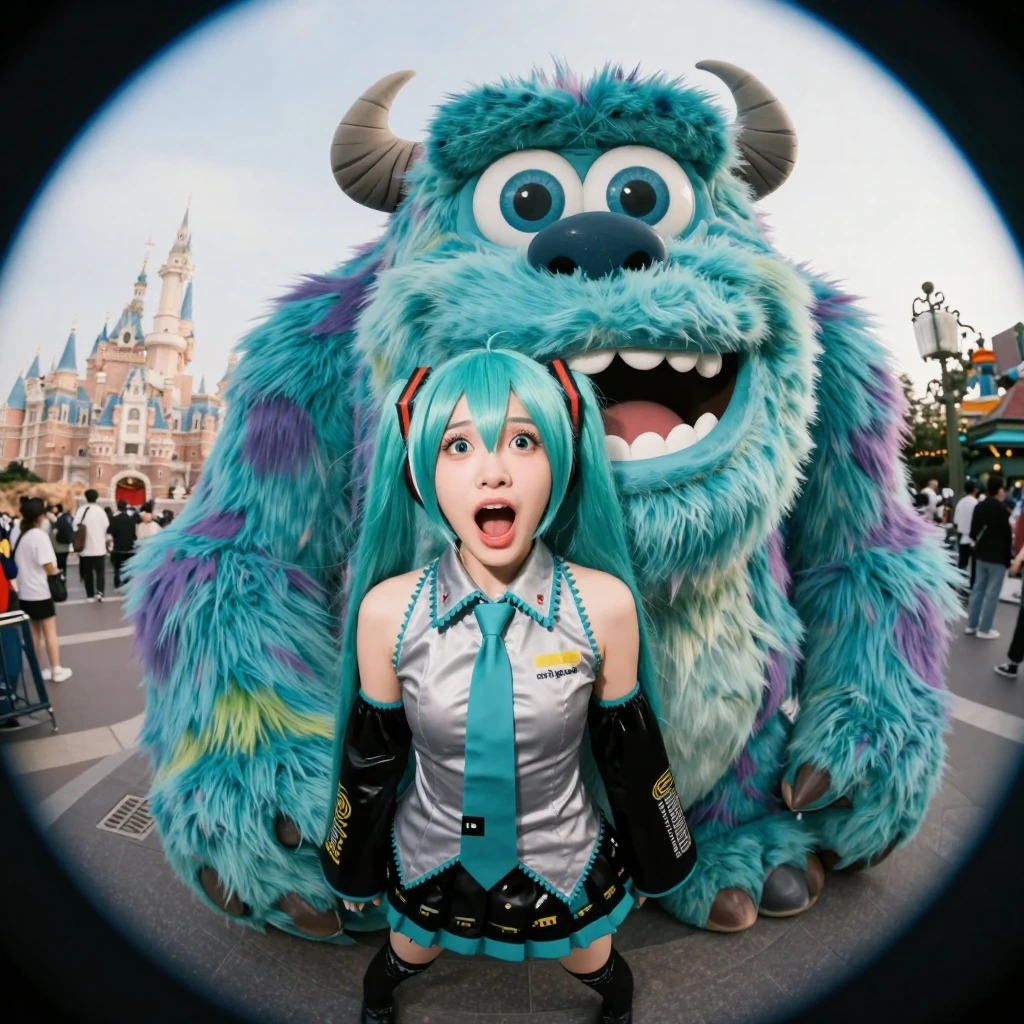 a brunette woman scared screaming dressed in costume as hatsune miku next to a gigantic furry big-eyed monster, funny, Disney land background fish-eye