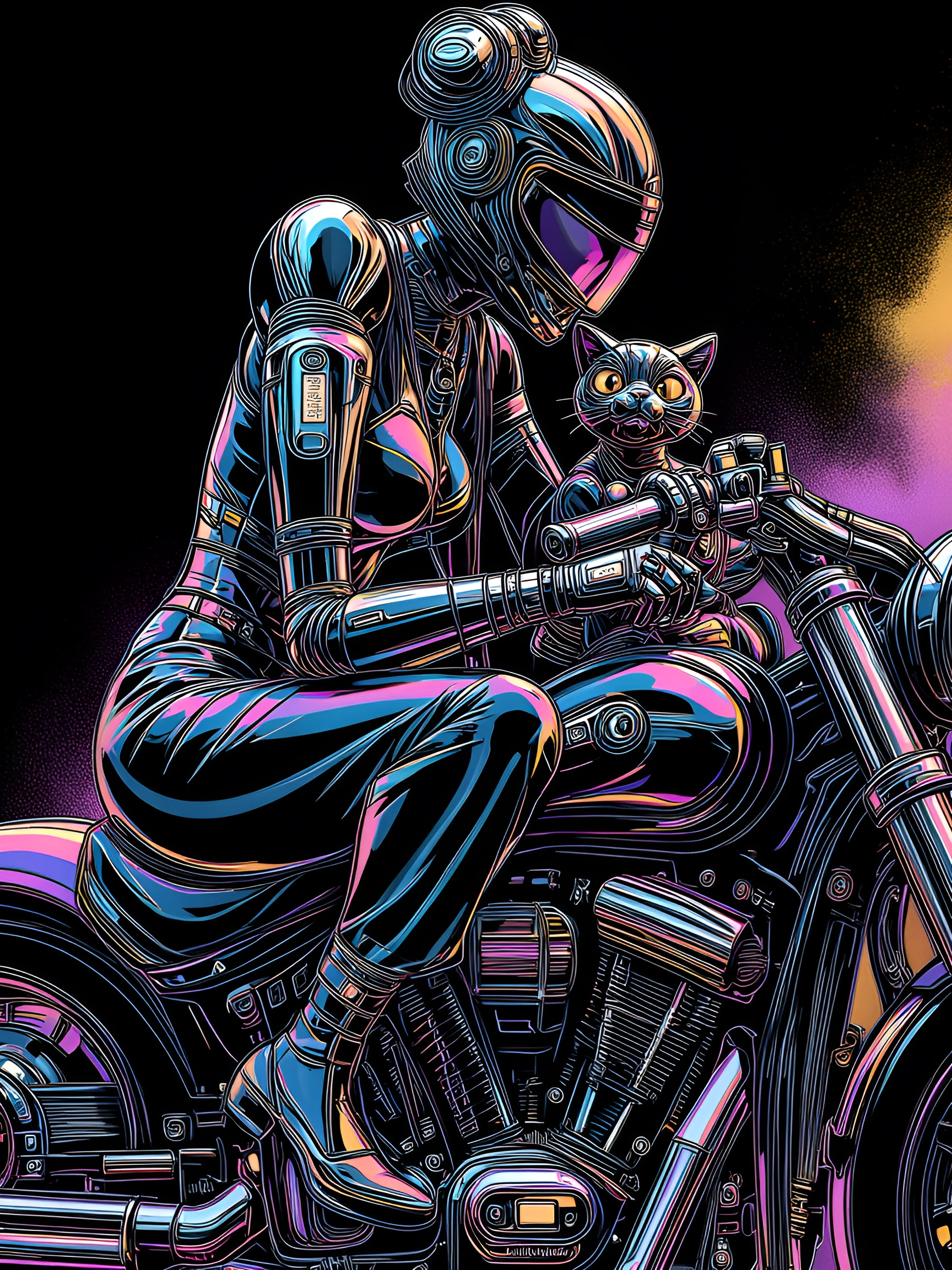 A digital illustration in Metallic Vector Realism style. Subject: punk woman with her cat Palette: [black purple pink gold aqua] with metallic [silver ] Pose and composition: [on a motorcycle ] Background: Solid deep black. (Gold purple specks)