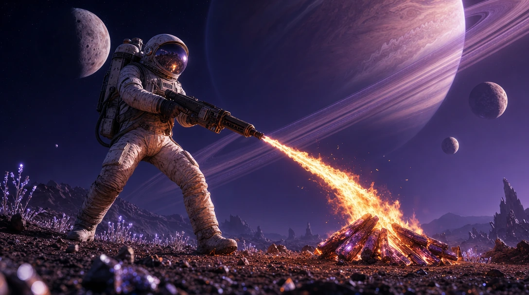 Capture an astronaut in a weathered white spacesuit, visor reflecting distant alien moons, gripping a military-grade flamethrower aimed directly at a small crackling campfire built from strange iridescent logs on rust-colored alien soil. Position him