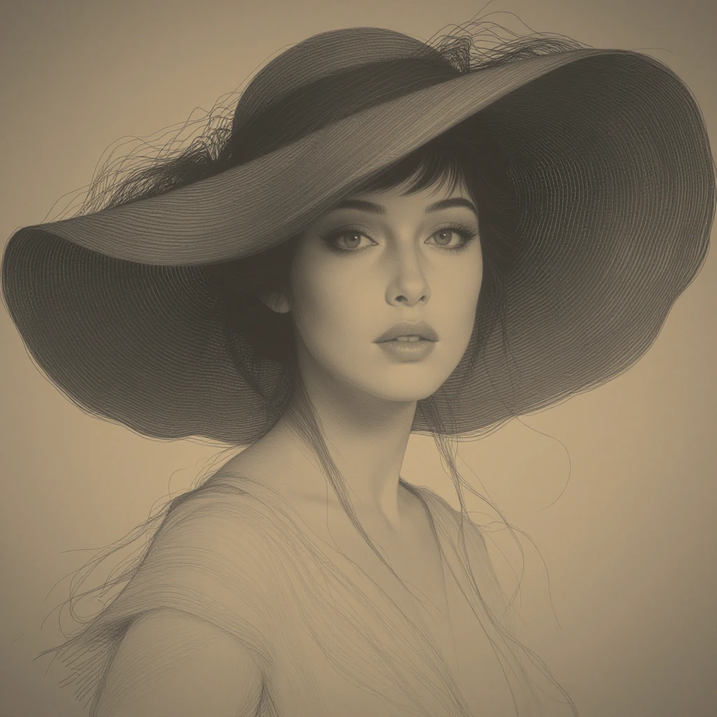 Bradhamel art style. A striking portrait of a beautiful woman enveloped in a vast, dramatic sun hat with wide, flowing brim that frames her face again