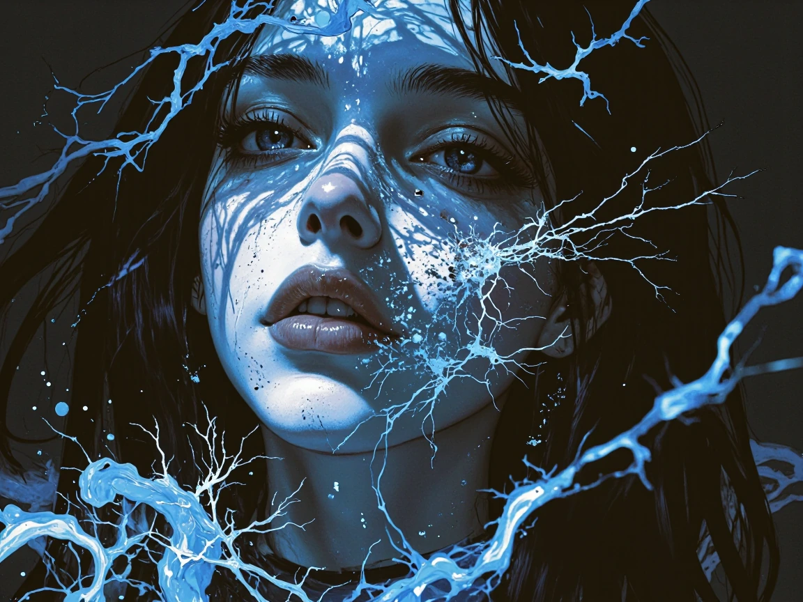 A haunting analog horror portrait of a beautiful demonic woman rendered in black, white, and deep electric blue tones. Her face is ethereal and almost angelic at first glance  smooth features, symmetrical structure, faintly glowing eyes  but beneat