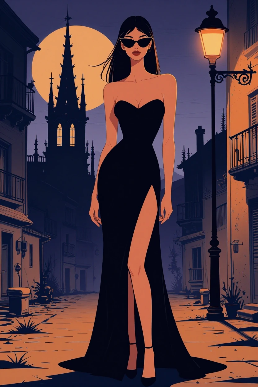 A digital fashion illustration in a flat vector art style. Subject: a tall elegant woman in a sleek black strapless evening gown with a thigh-high sli