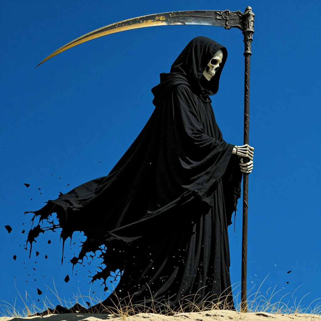 A skeletal figure dressed in tattered black robes stands in profile facing right against a solid, vibrant blue background. The figure possesses a bleached white skull with deep, shadowed eye sockets and a visible nasal cavity. It wears a heavy, hoode