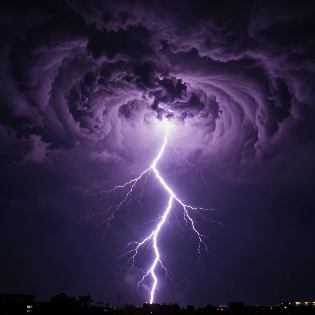 Intense swirling purple and black storm vortex with bright white lightning bolt cutting through the center, dramatic motion and electric glow, moody goth energy, ultra detailed clouds, square 1:1 aspect ratio, 1080x1080 resolution, dark atmospheric a