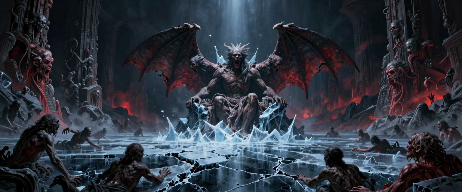 Masterpiece ultra-detailed wide establishing cinematic shot of Dante's Inferno in avant-garde Heavy Metal magazine style heavily inspired by Moebius, hyper-realistic painted illustration with gritty textures and dramatic chiaroscuro. Vast panoramic w