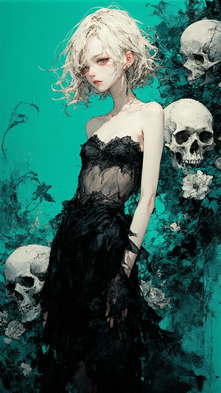 a digital illustration in a vibrant, gothic style, it features a young woman with a slender, toned physique and fair skin. She has short, wavy blonde hair that cascades over her shoulders, framing her face, her eyes are large and piercing, with a sof