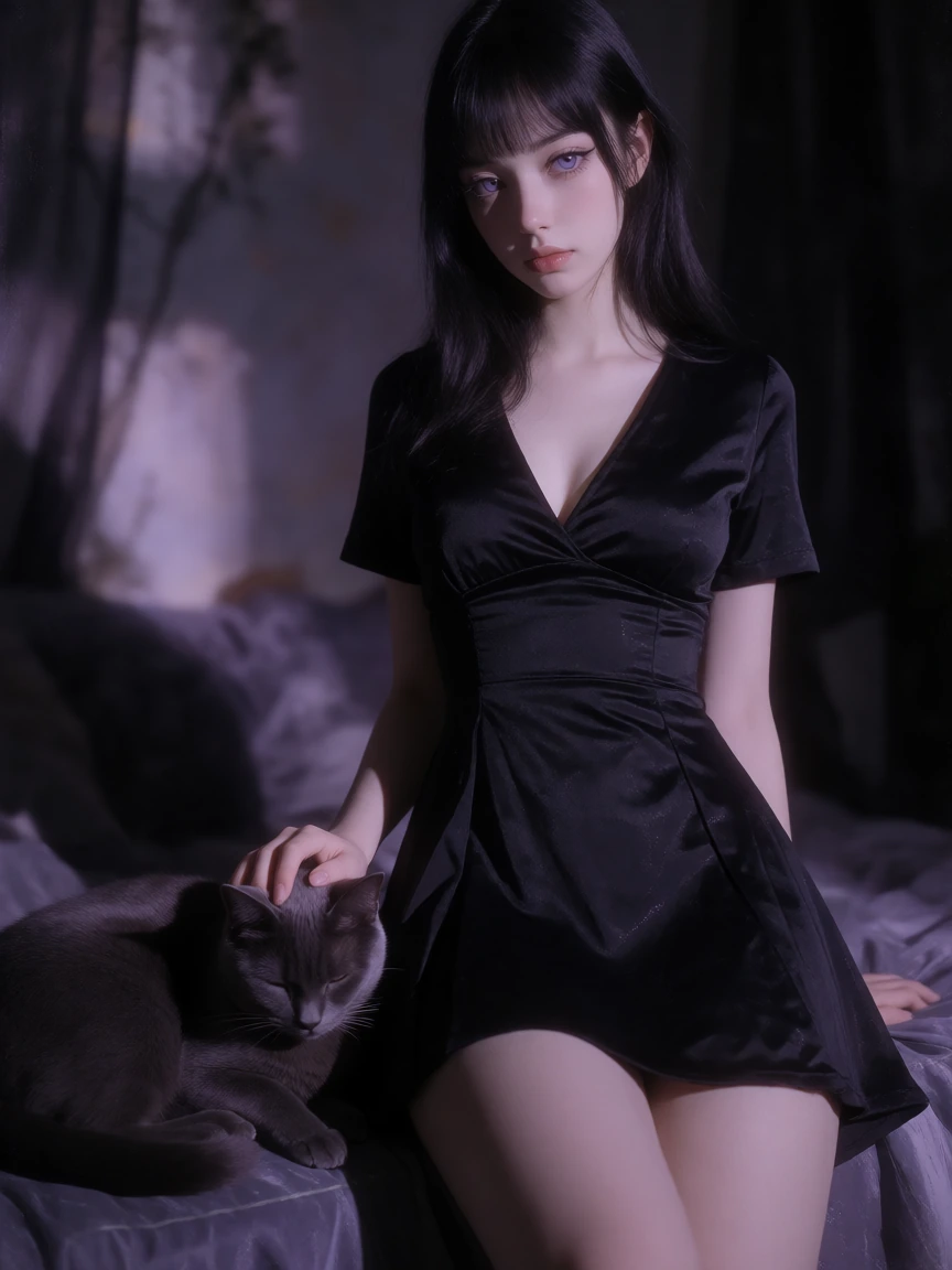 Goth woman, lavender eyes, black, minidress, with her cat, comfortcore elegance fantasy style
