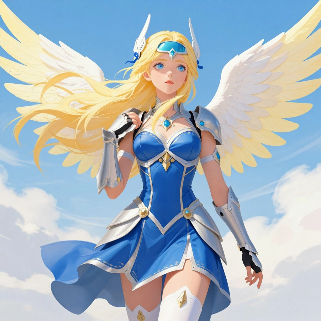 masterpiece, best quality, amazing quality, very aesthetic, (flat colors:1), (Artist:ilya kuvshinov:1), Valkyrie, blue eyes, long hair, blonde hair, feathered wings, light yellow wings, hair ornament, visor, blue armored dress, gauntlets, white thigh