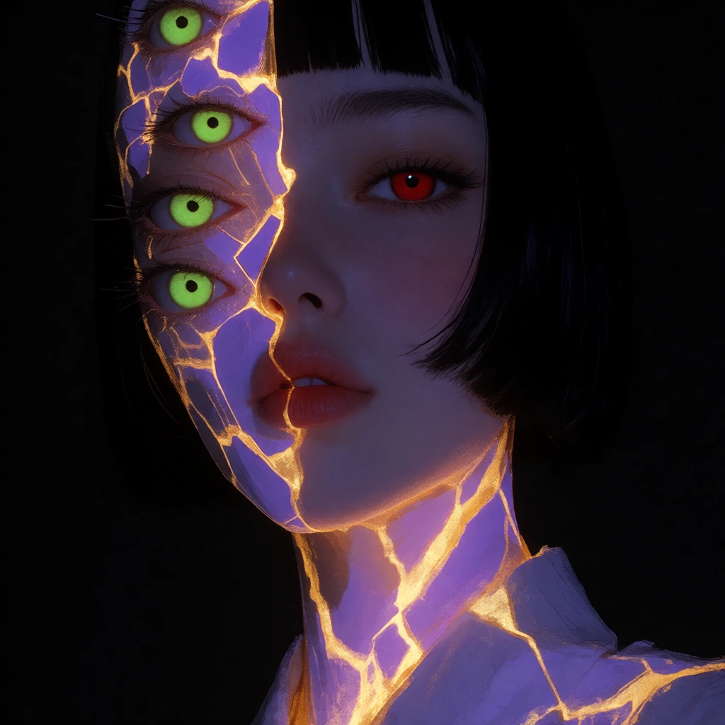 A portrait of a woman with a split face: one half her serene human visage with sharp red eyes and precise black hair cut in a himecut; the other half fractured and consumed by luminous eldritch corruption—cracks of violet and gold light spilling from
