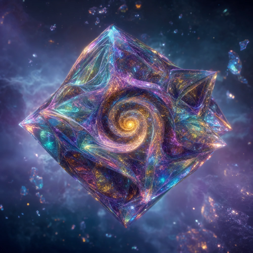A crystalline form suspended in void, its surface shifting through iridescent hues that blur between solid and vapor, twisting through non-Euclidean geometries with recursive spirals folding toward a luminous core that glows warm and cold simultaneou