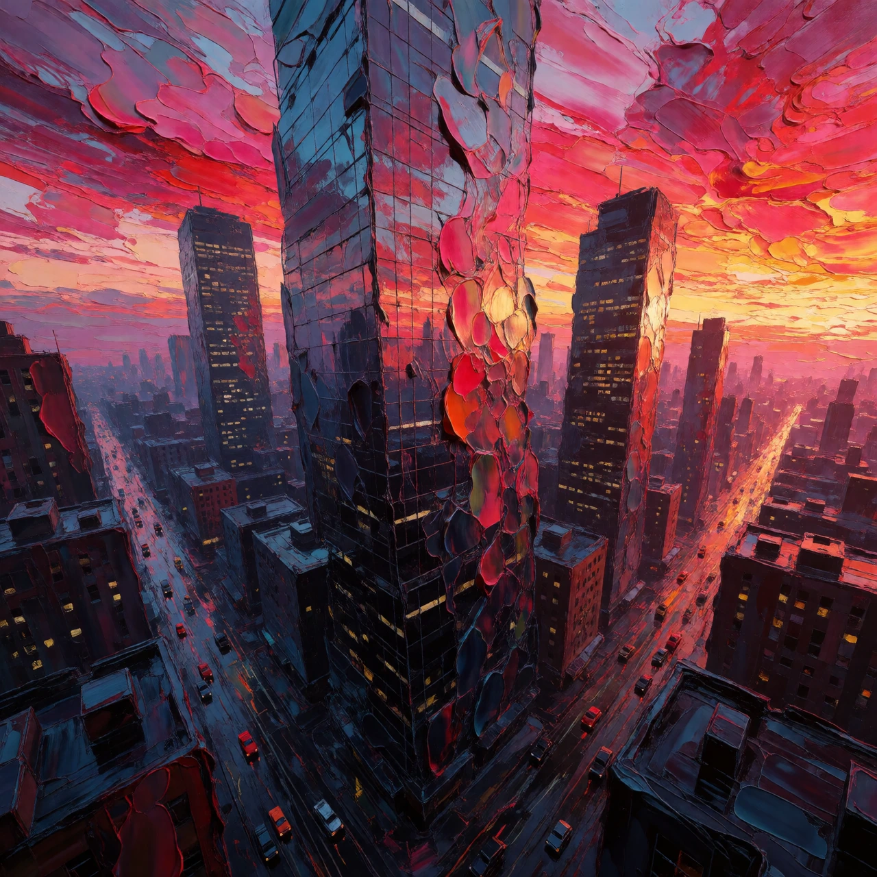 Expressionist oil painting of towering urban skyscrapers at dawn, heavy impasto style featuring massive, thick globs of paint. The glass buildings sway and distort, reflecting furious streaks of crimson, magenta, and gold across the sky, applied with