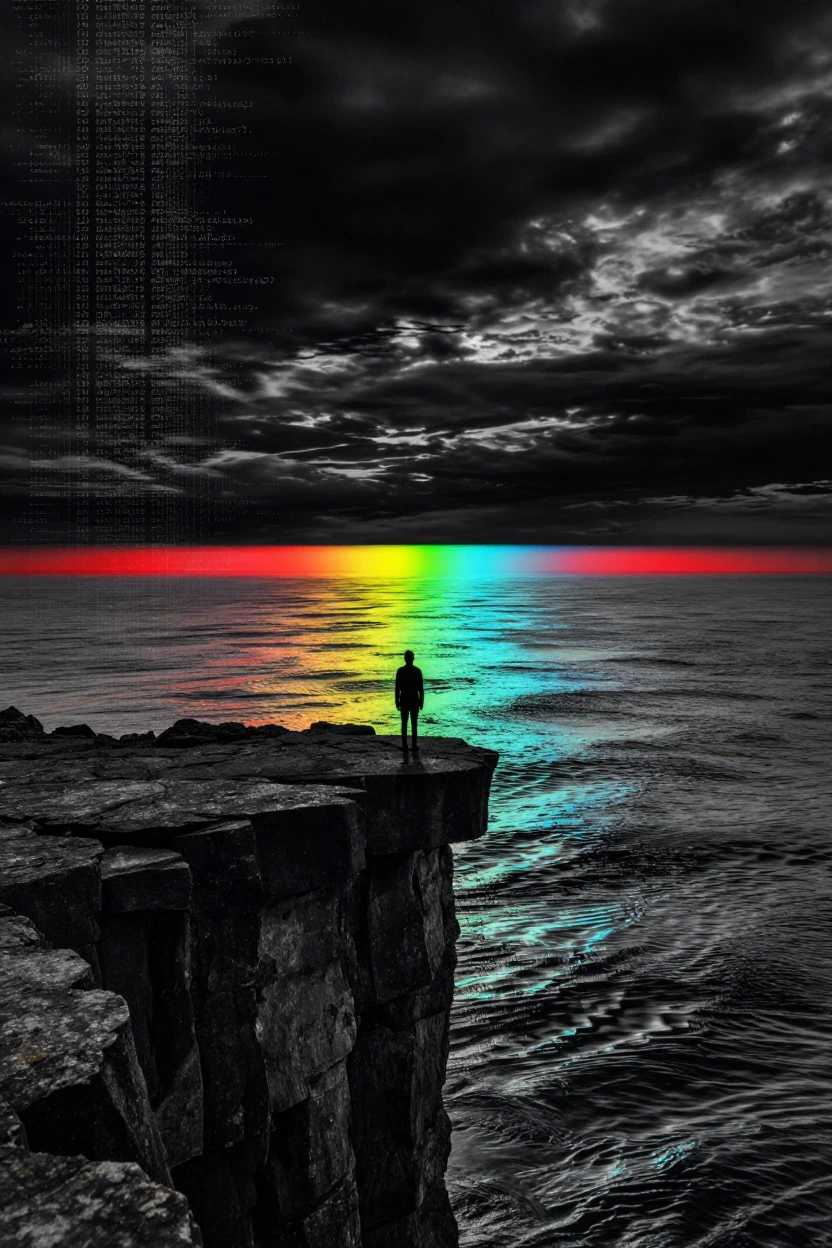 Night, an exposed basalt clifftop above open ocean, the figure at the exact edge back to camera, dead center, shot level so the horizon bisects their waist. The image entirely near-monochrome — cliff, ocean, sky, figure all in charcoal and absolute b