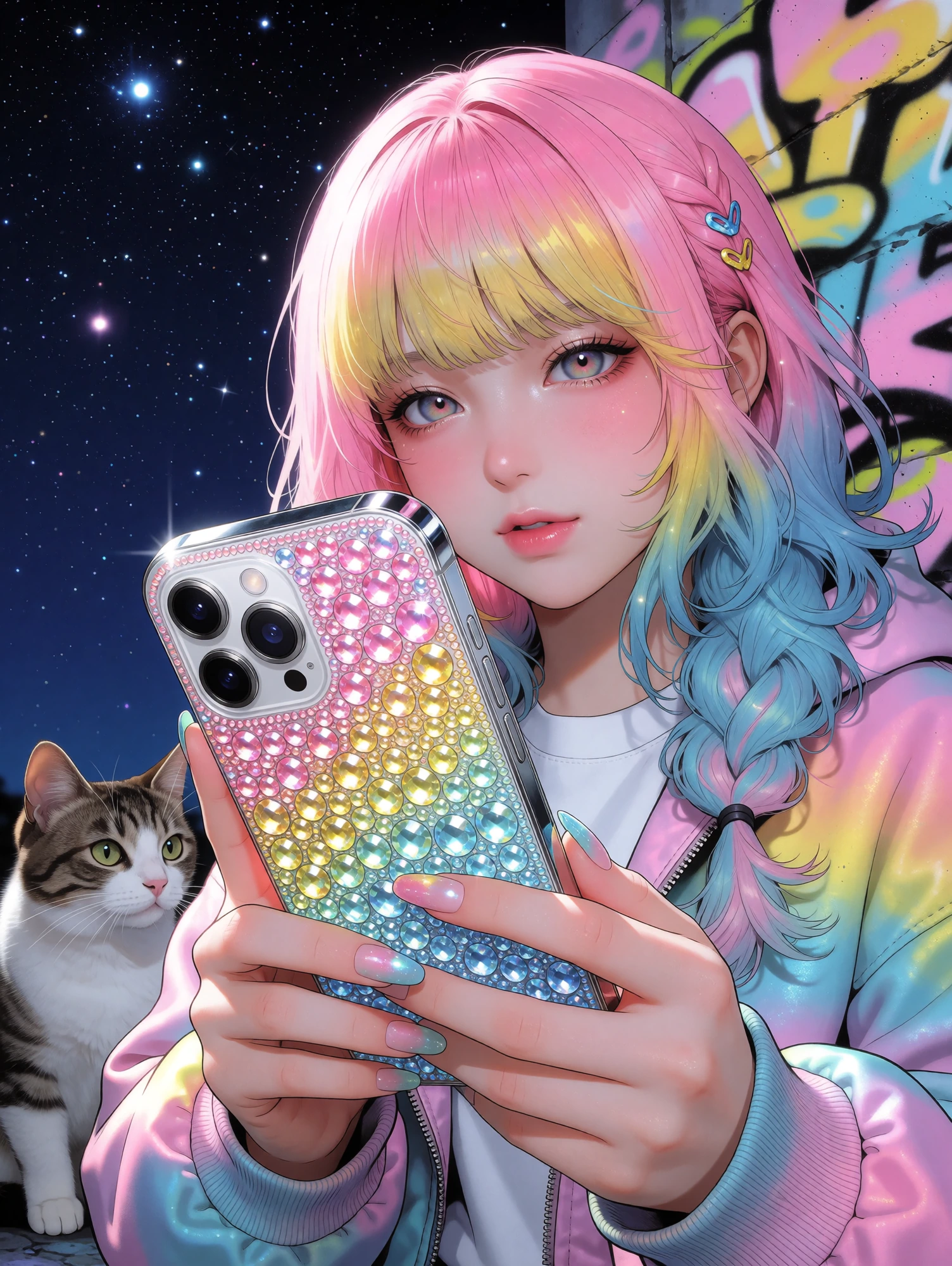 Nighttime starry sky, beautiful woman, pink aqua yellow blue ombre hair, holding a smart phone that is bejeweled with beautiful pink, aqua, yellow, and light blue. She is with a cat. Beautiful pastel graffiti behind her.
