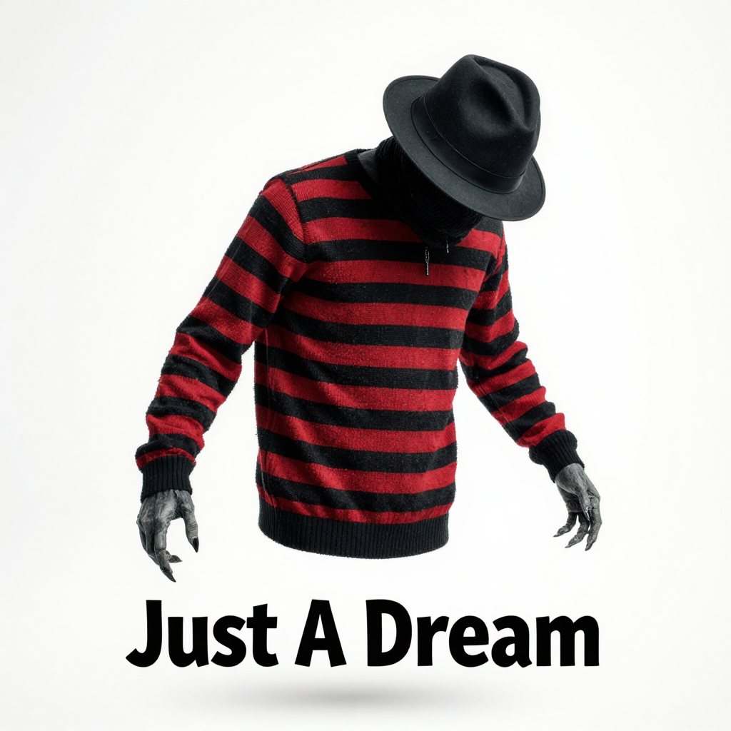 (No humans) Floating on a White Background, A Black and Red Striped Jumper, Black Fedoras Hat, Clawed Hand. Title "Just A Dream"