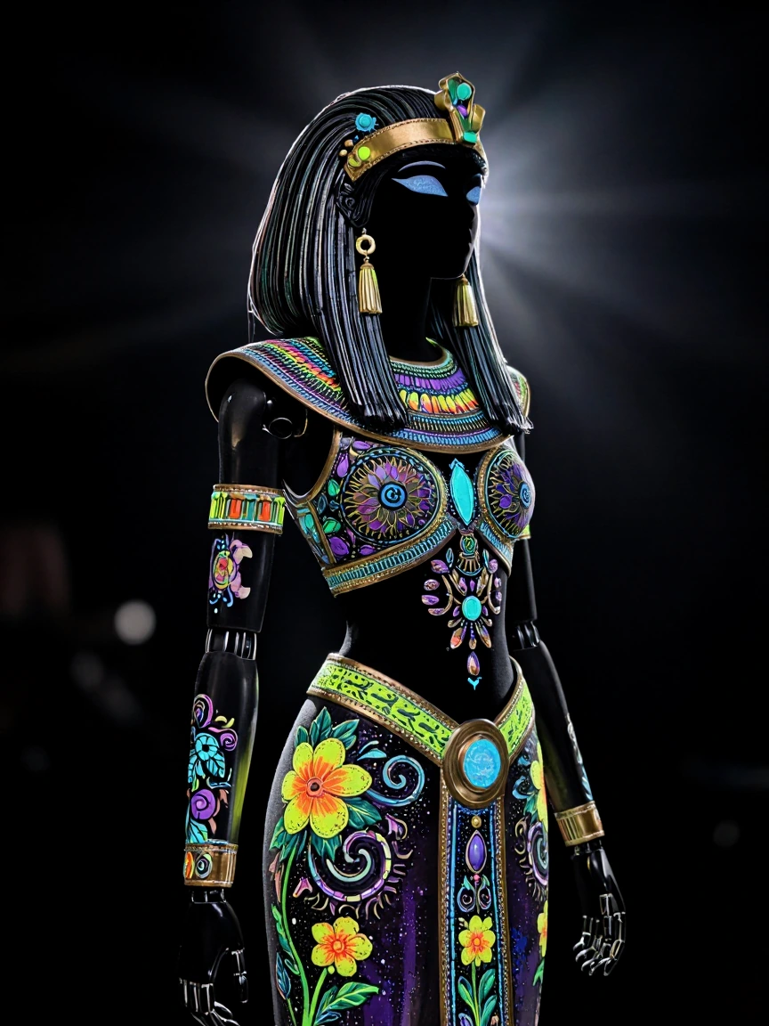 A beautiful woman, long flowing hair, ball jointed doll style, Egyptian and cyberpunk style, flowers, swirl, designs, Realistic