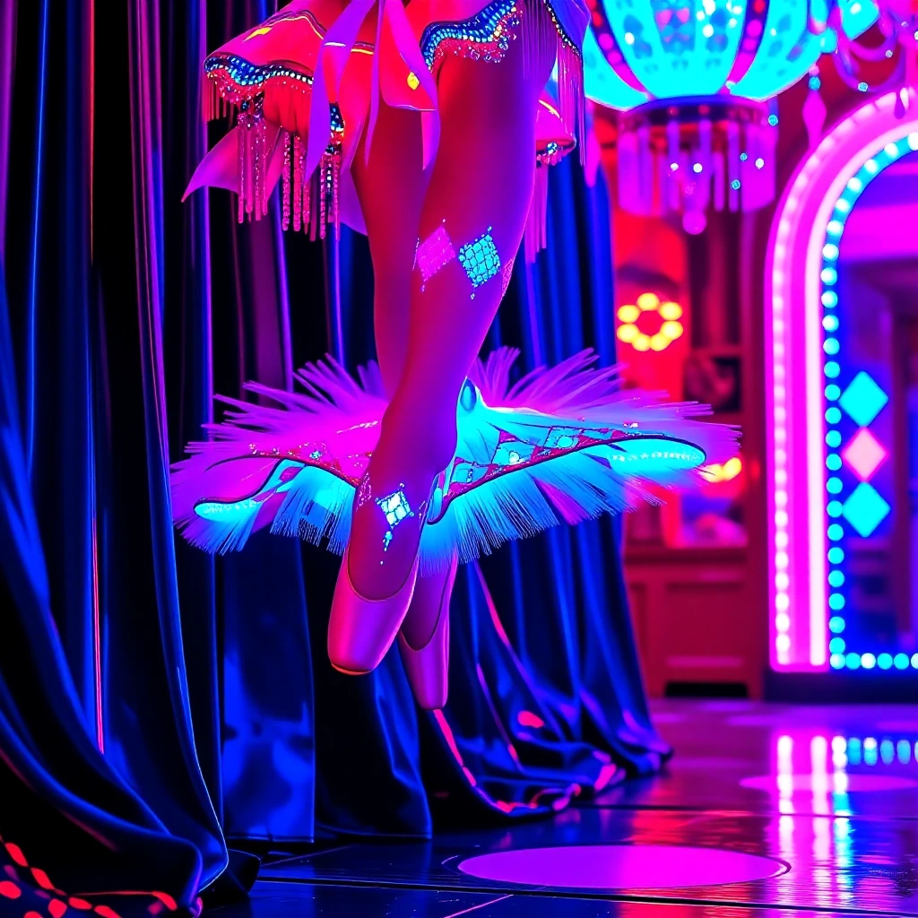 Dreamcore (moulin rouge) close up of ballerina feet pirouetting in neon fiber optic trim on clothing glowing in magenta and cyan as they rotate theatre curtains in foreground slowly close hyper-realistic, cinematic lightingSofia copolla retro futuris