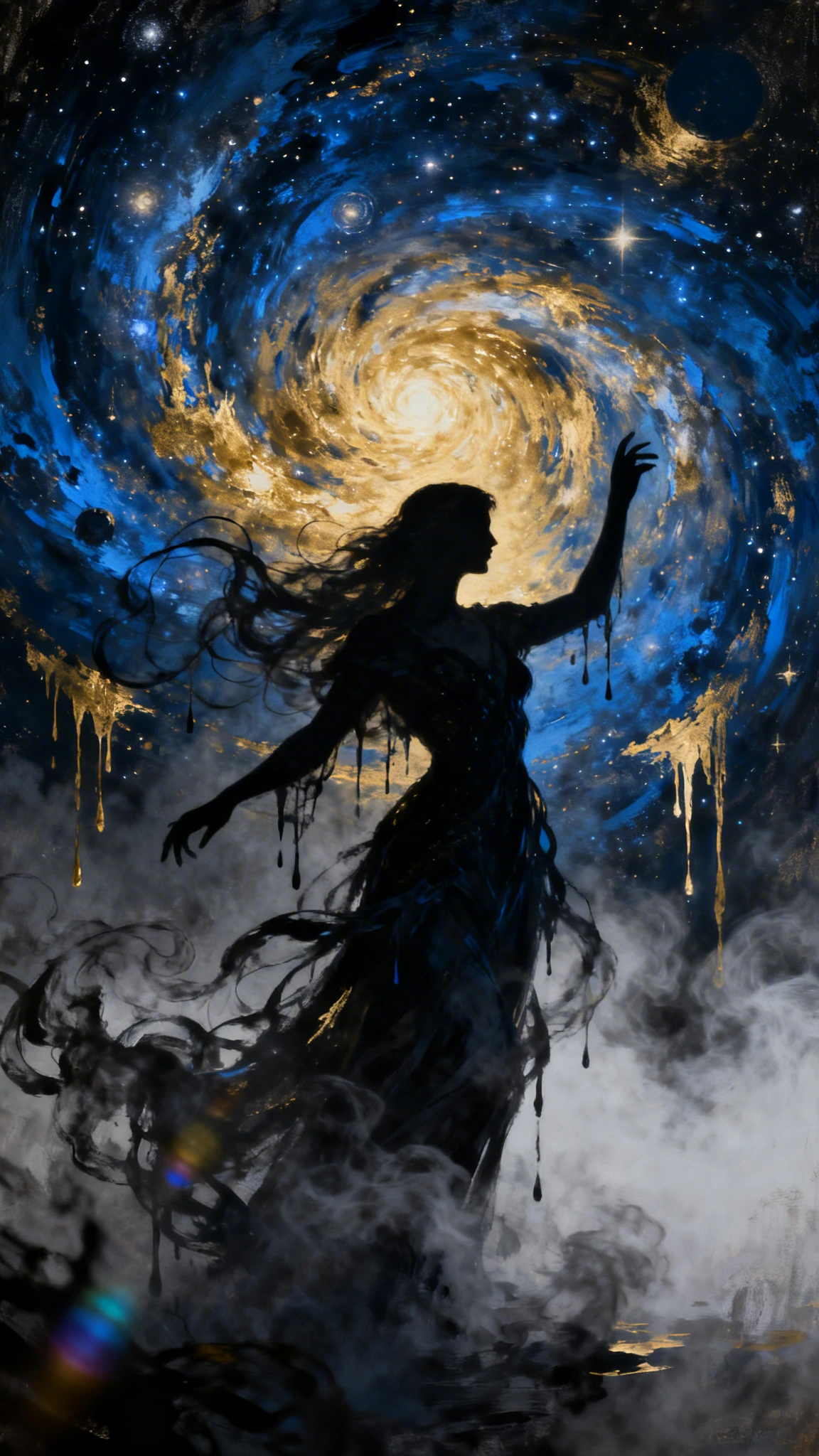 Manifest the physical form of higher consciousness. You must harmonise the grand dance of a swirling galaxy with deep, unshakeable peace STYLE:** Celestial surrealism and prismatic brilliance.cosmic blue ,gold vortex