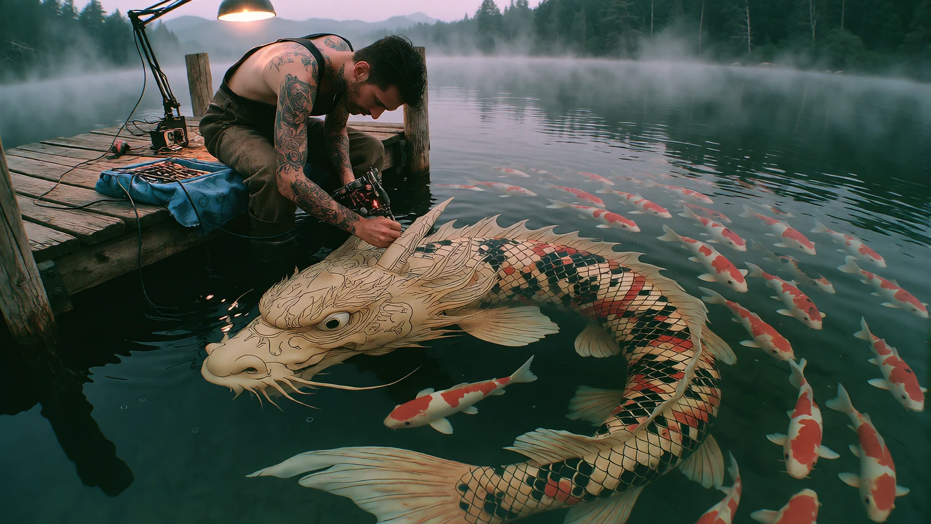 A tattoo artist leaning off a wooden dock, needle machine buzzing against the surface of a still lake. Where the ink goes in, it spreads underwater an