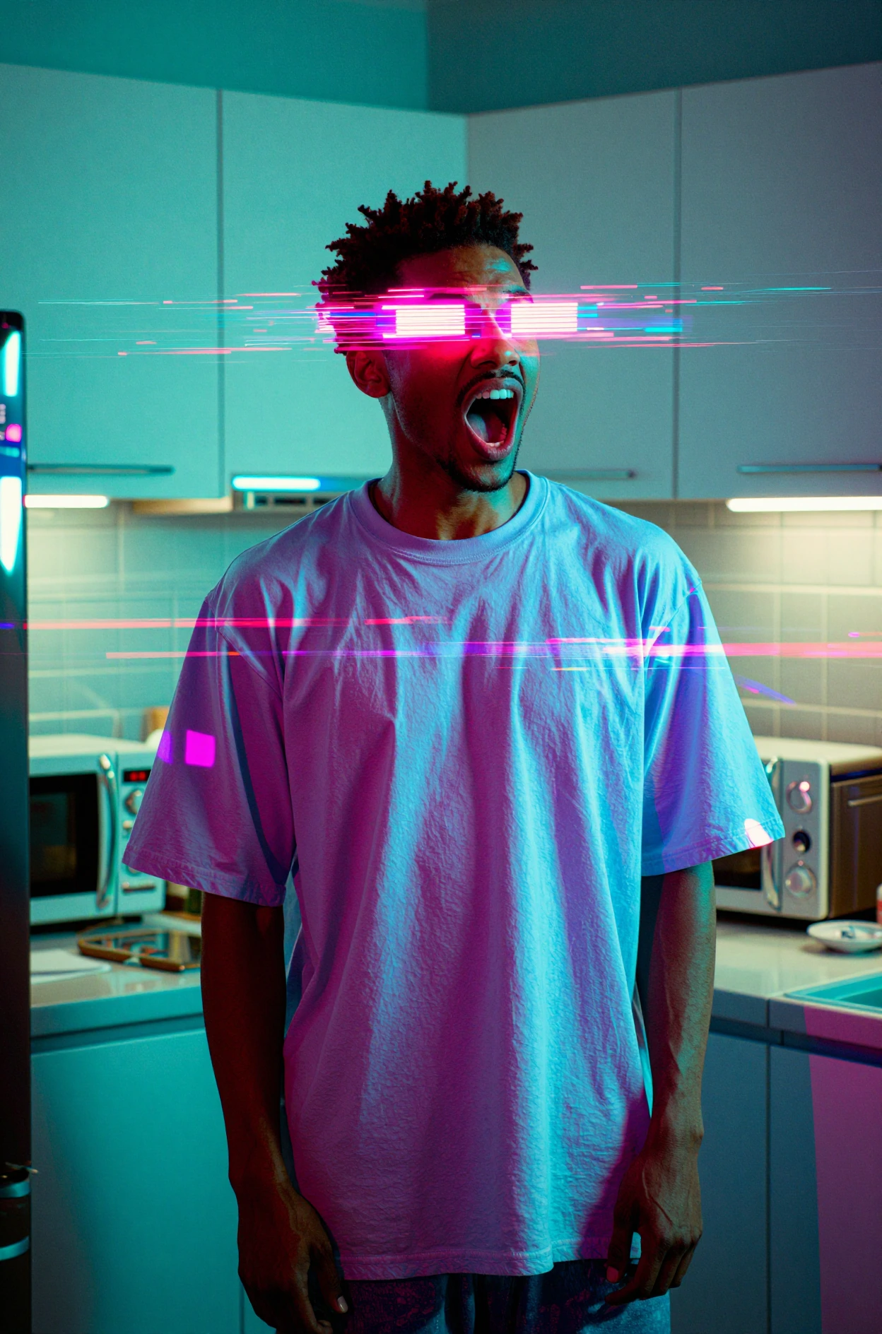 Surreal, glitch-style portrait of an African man with short curly hair standing in a kitchen on the right, his mouth agape in an expressive shout or g