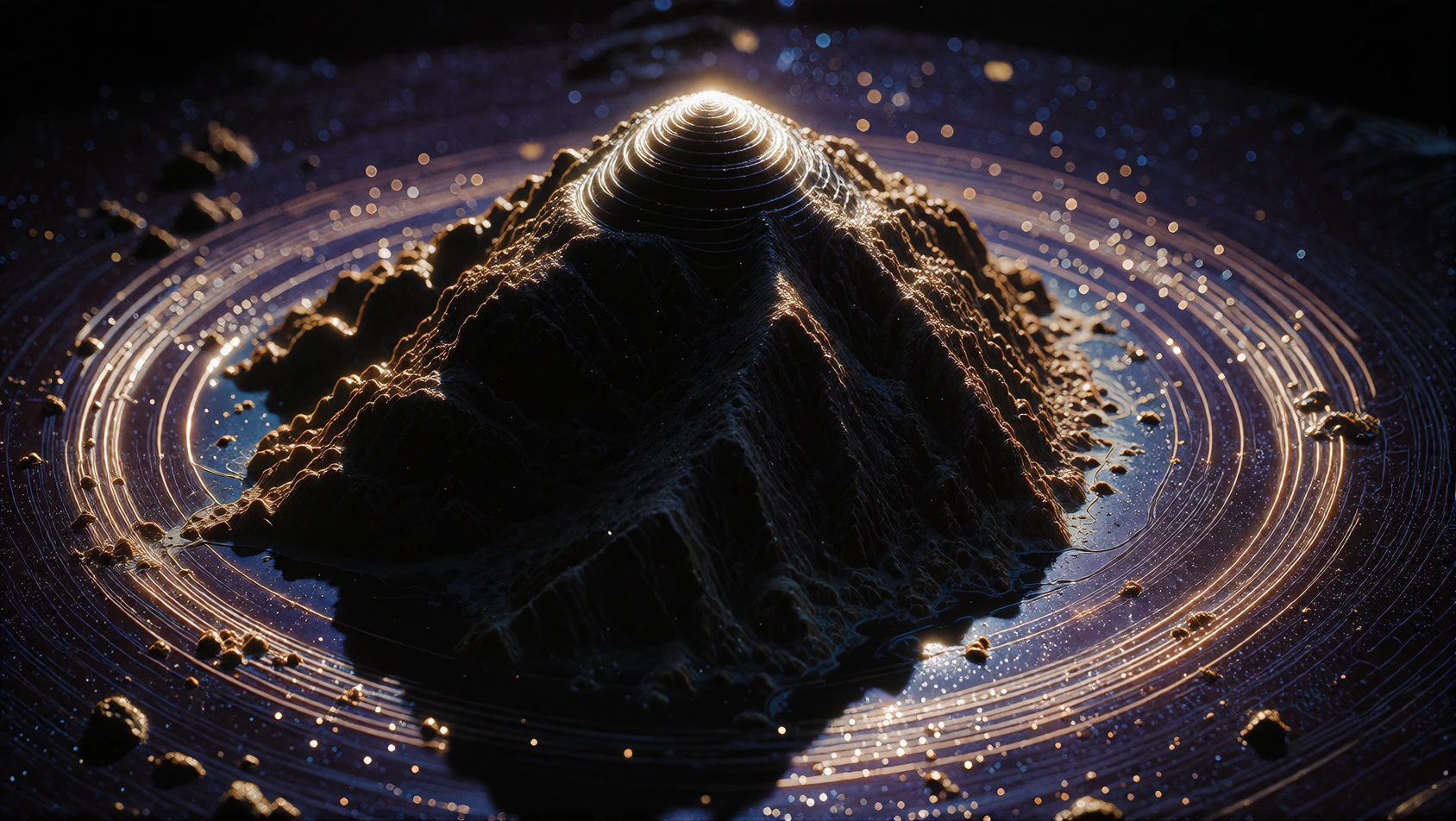 Extreme wide shot of a solitary peak backlit against twilight, silhouetted mountain rendered in near-black with soft sfumato edges dissolving into haz