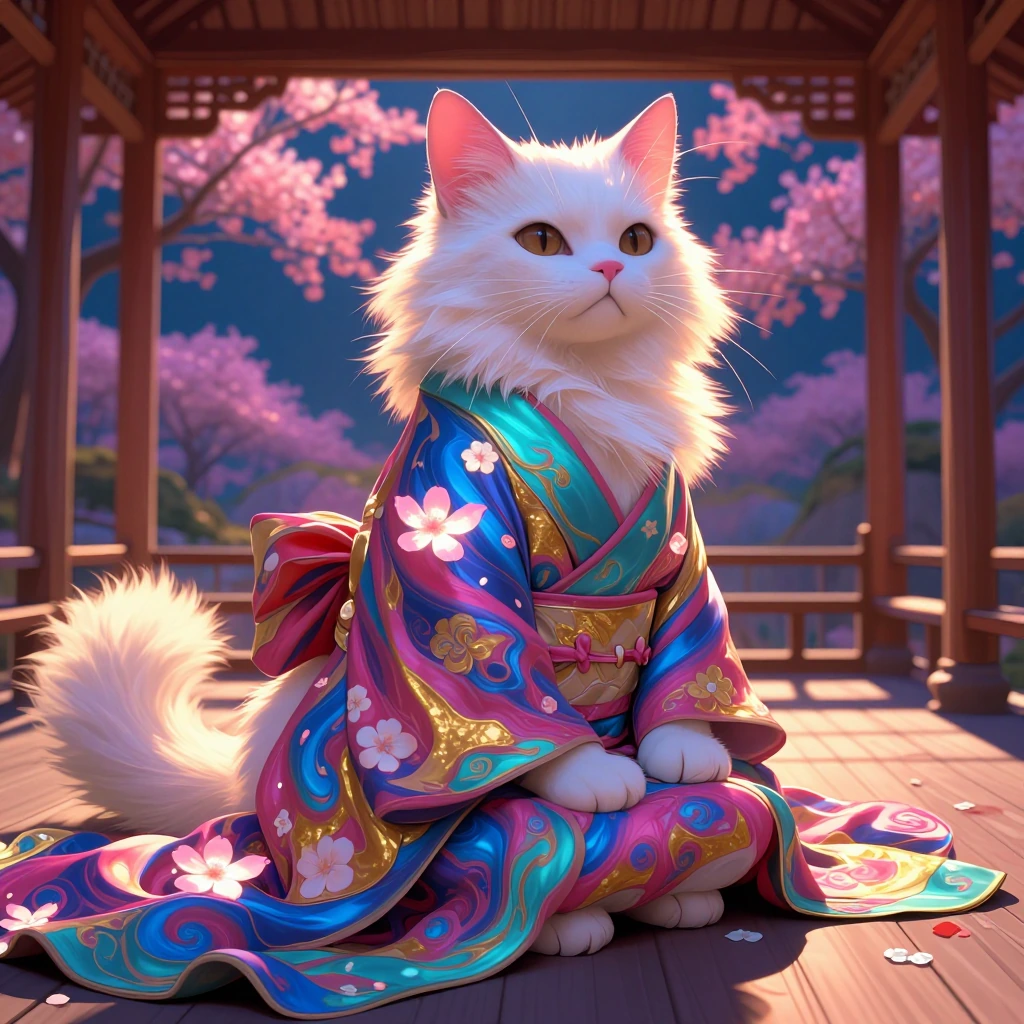 A majestic super lucky cat, fluffy white fur with soft pink inner ears and gentle brown eyes, wearing an exquisite flowing kimono made of swirling neb