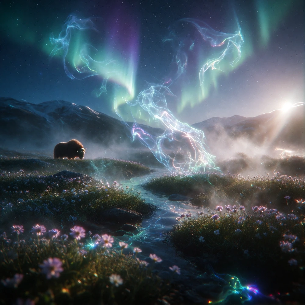 A surreal, dreamlike landscape of an Arctic summer’s night, where the Northern Lights are barely visible but blend into the pale, eternal twilight of 