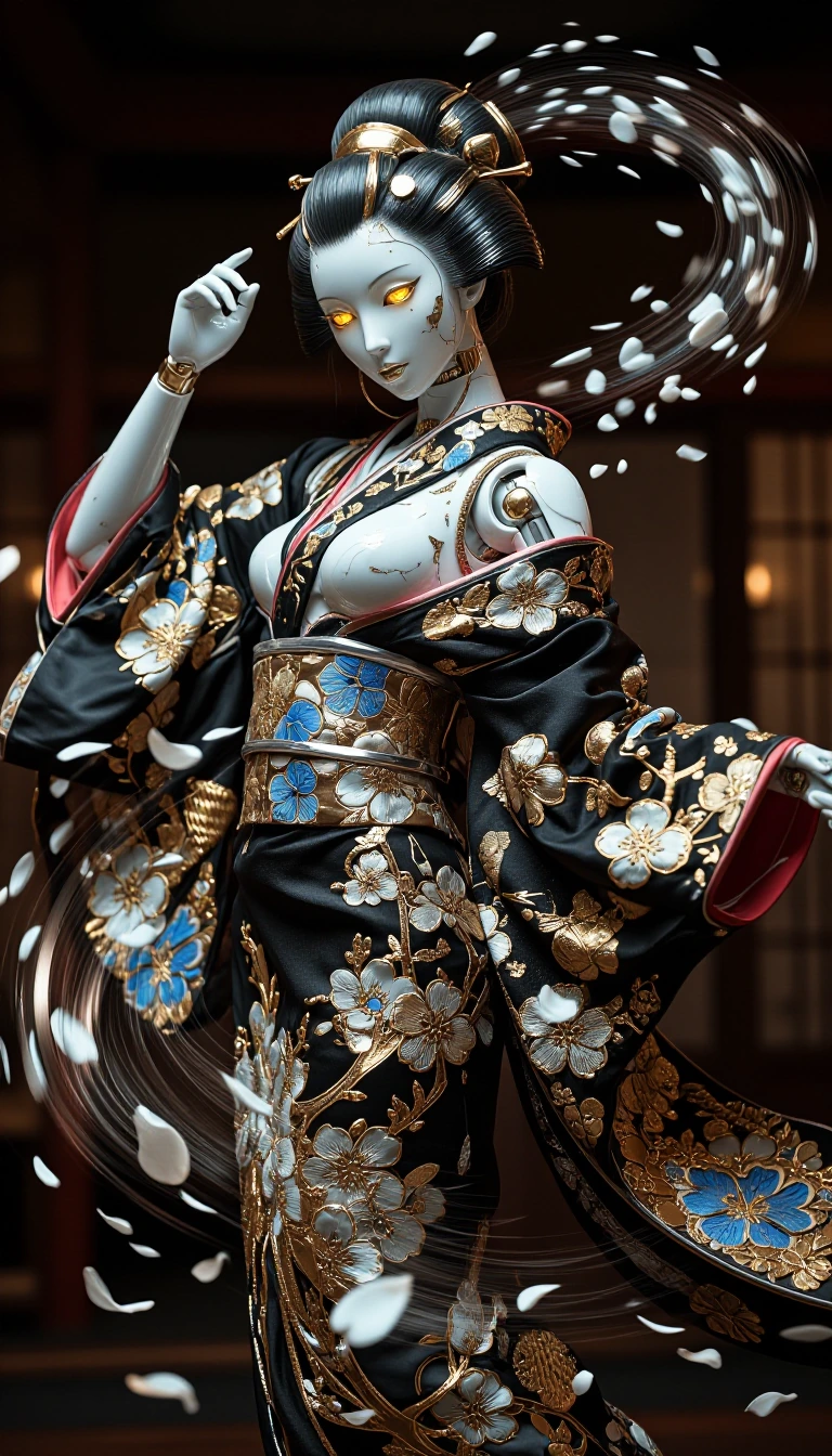 Subject & Aesthetic ​A cinematic, hyper-realistic masterpiece of a high-tech Geisha Automaton captured mid-performance. She is a fusion of ancient artistry and futuristic engineering. Her face and exposed joints are crafted from exquisite, translucen