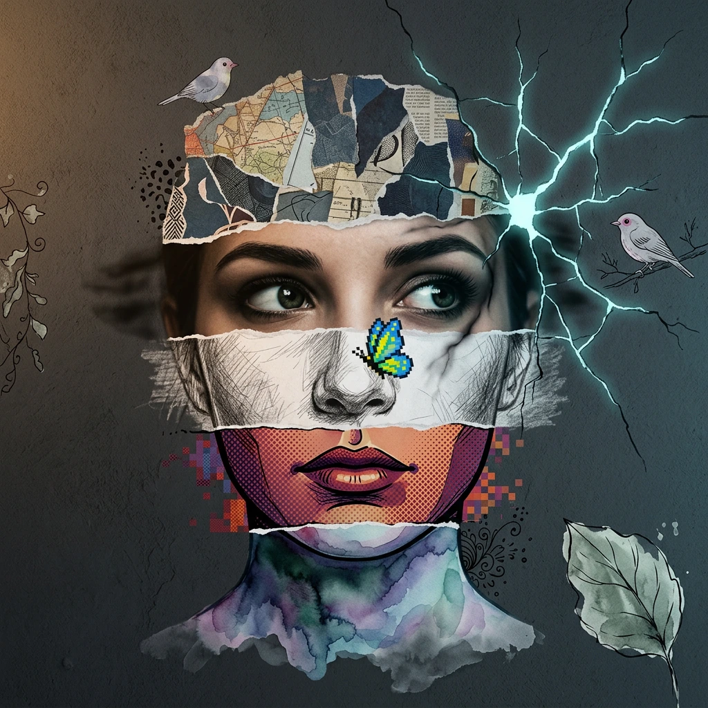 { "high_level_description": "Woman's face centered on dark charcoal plaster wall with a large glowing crack radiating from the upper right, divided in
