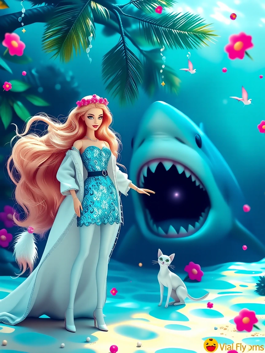 Barbie with her fluffy cat versus megalodon, tropical vibe