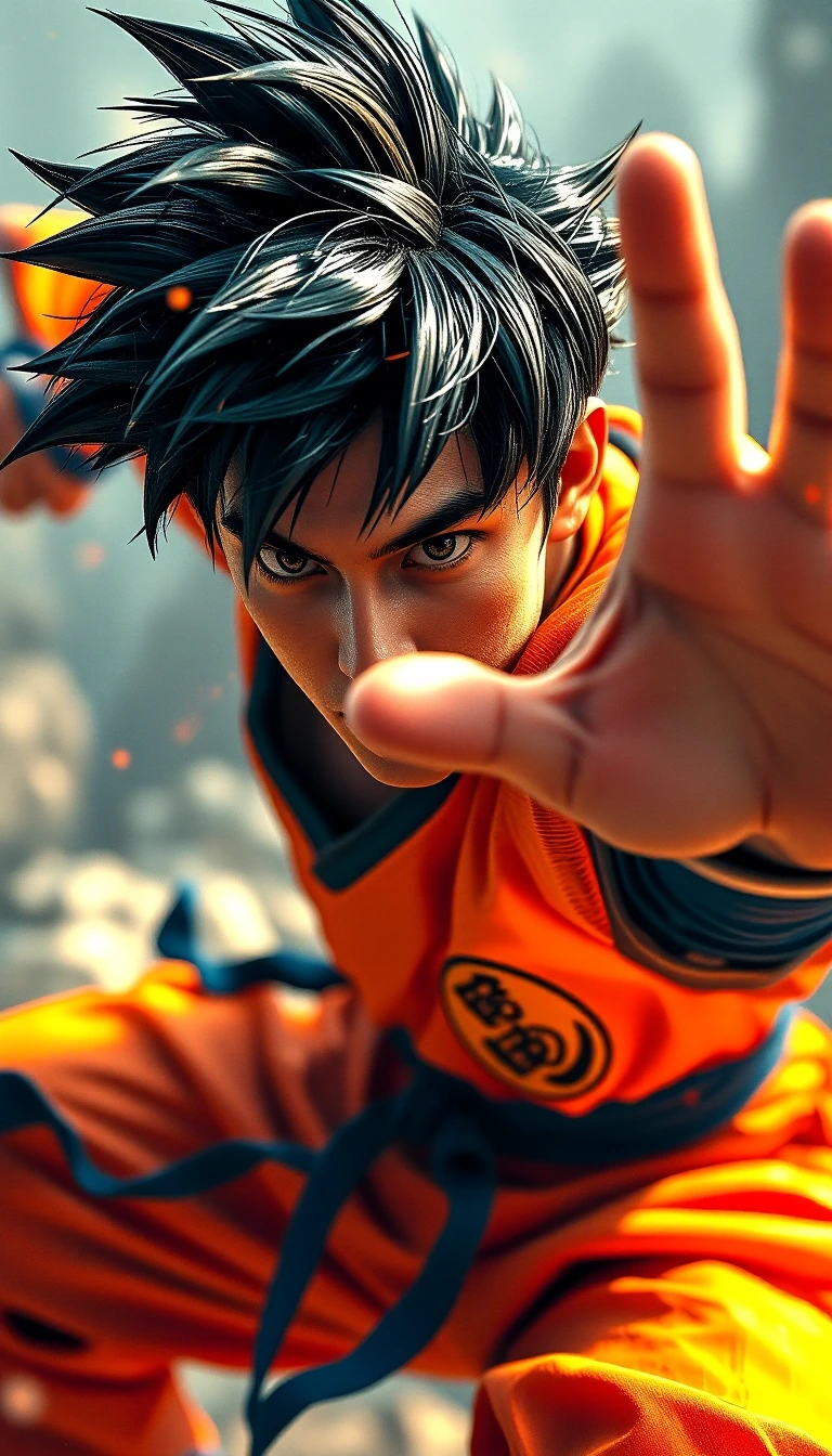 Bruce lee in an attack pose in the sharp anime style Goku outfit