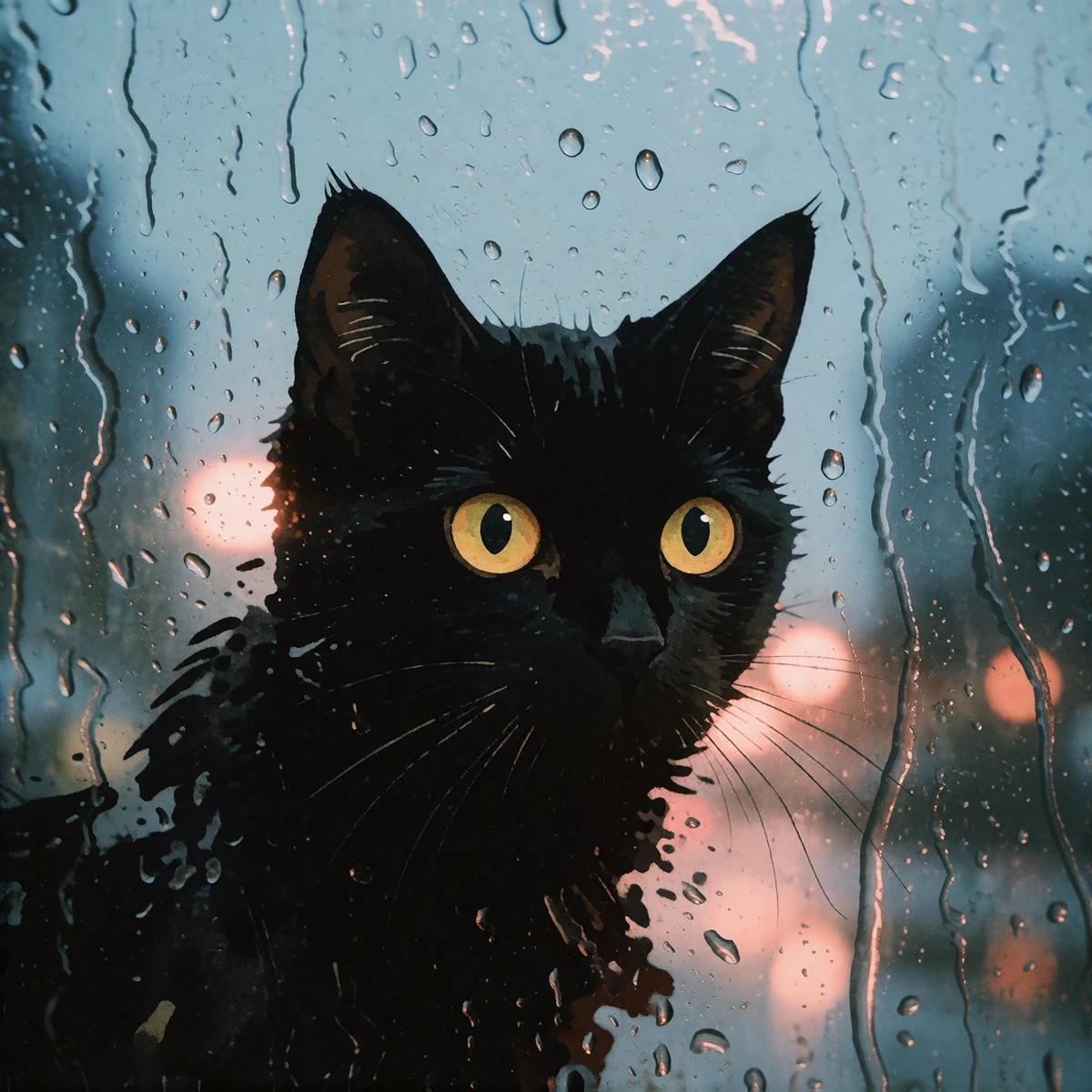 A nostalgic, double-exposure screenprint of a black cat dissolving into rain-streaked window reflections. The cat's form is a simple, raw black ink scribble with glowing yellow dot eyes, merging with the hazy, out-of-focus city lights. The color sche