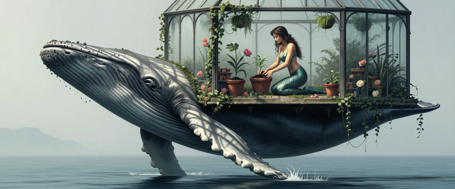 colorized Sketch a vast humpback whale breaching through calm ocean waters, its barnacle-crusted back supporting a sprawling Victorian greenhouse of i
