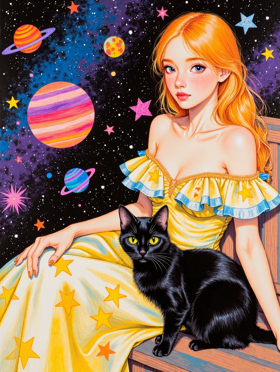 A woman with big sweet eyes and long hair, wearing an elegant dress adorned with stars, sits next to her black cat in a universe filled with planets and galaxies. The artwork features vibrant colors, a detailed background, and an oil painting style,