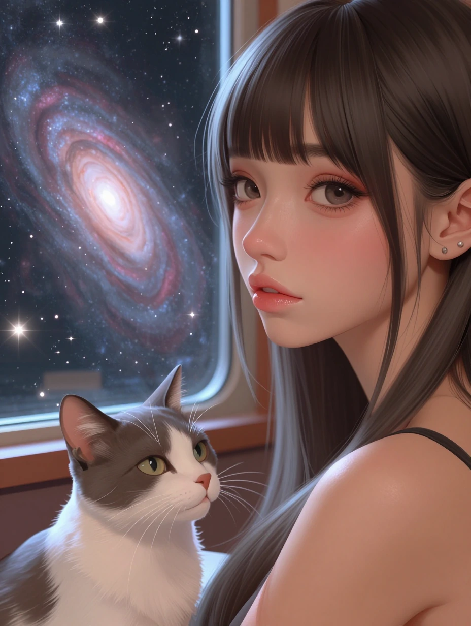 Closeup woman galaxy aesthetic in a cafe in space with her cat, realistic, cosmic manga 3d, galaxy window