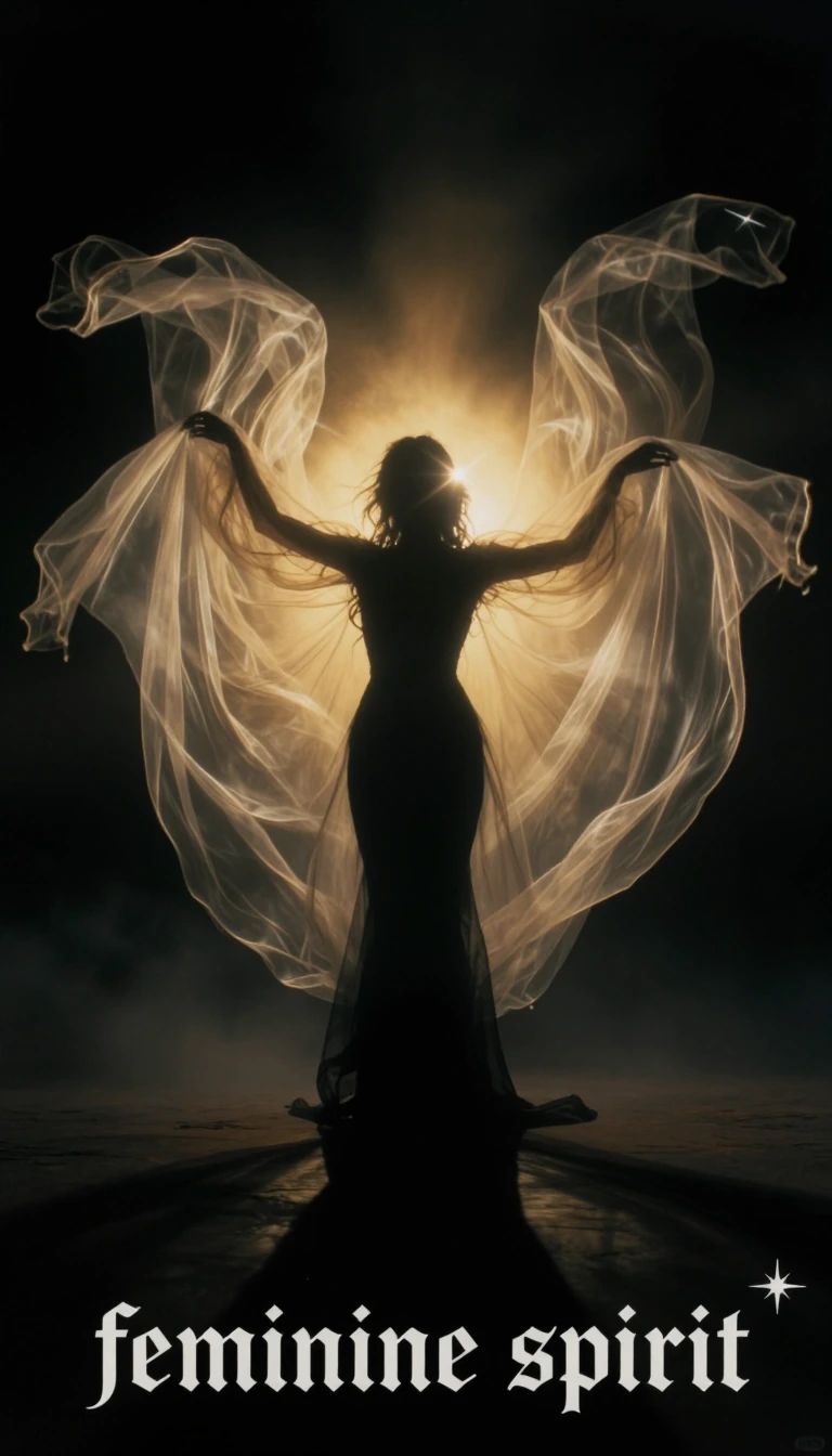 A highly stylised cinematic photograph, taken with a slow shutter speed, capturing the ethereal and multiplied form of a single female model against a deeply dark and smoky background. The central silhouette is sharp, standing confidently, dressed in
