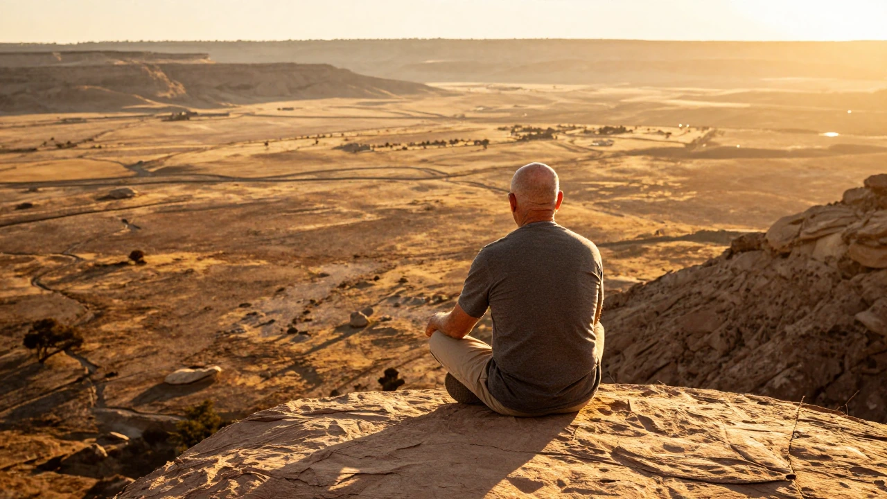 Old bald man sitting cross legged on a cliff ledge looking out into a mesa filled plain below, Very warm filters are used as it is near sunset and the