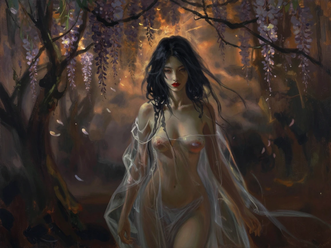 A stunningly beautiful Japanese ethereal goddess with sensual grey eyes full crimson lips and lustrous wavy black hair. She wears a serene smile. She wears light and airy translucent robes that accentuates her sleek lithe and highly defined curvaceou