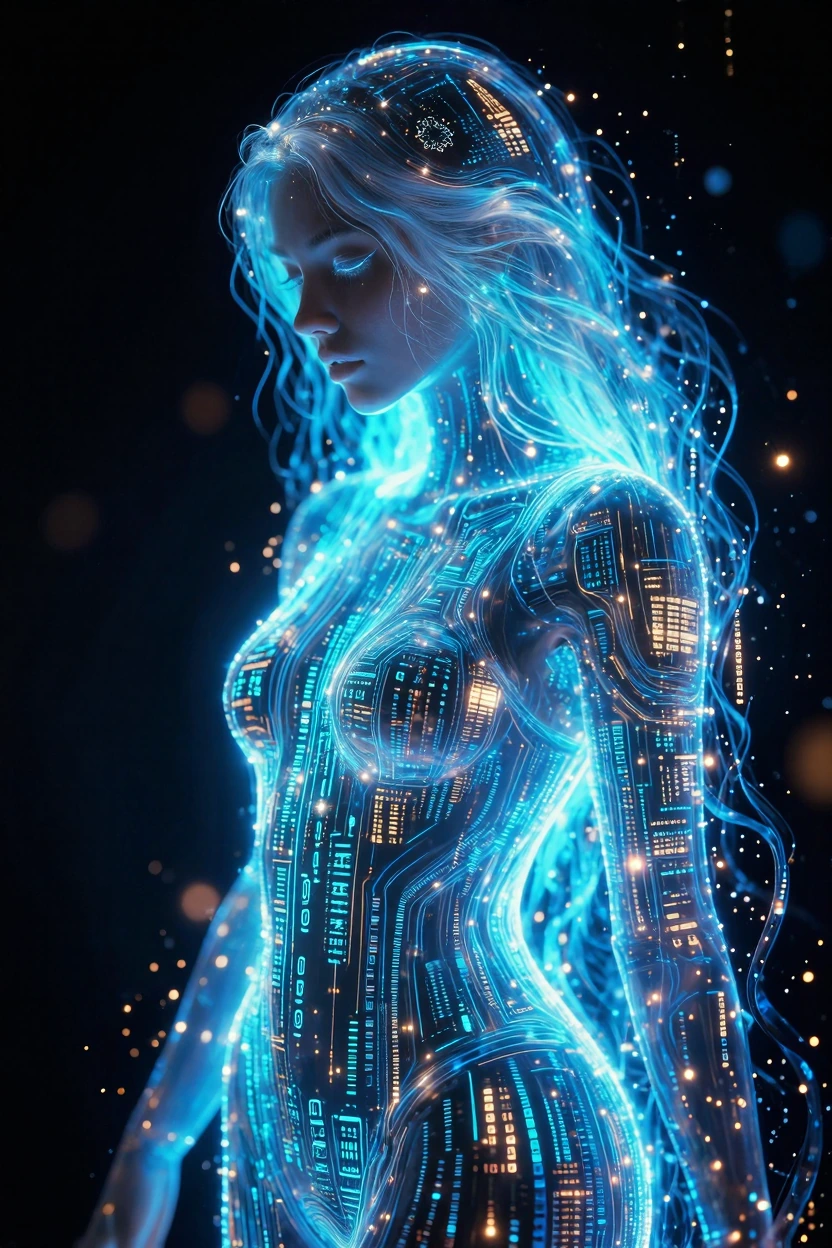A mesmerizing girl composed entirely of luminescent digital code and glowing matrix elements, ethereal and translucent form constructed from cascading