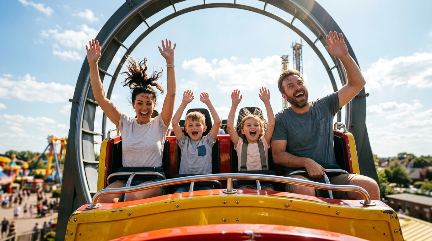 Capture a joyful family of four — mom, dad, a young boy, and a young girl — suspended upside down at the peak of an inverted loop on a massive theme park roller coaster. The coaster cars are painted in bold glossy yellow with bright red accents, rive