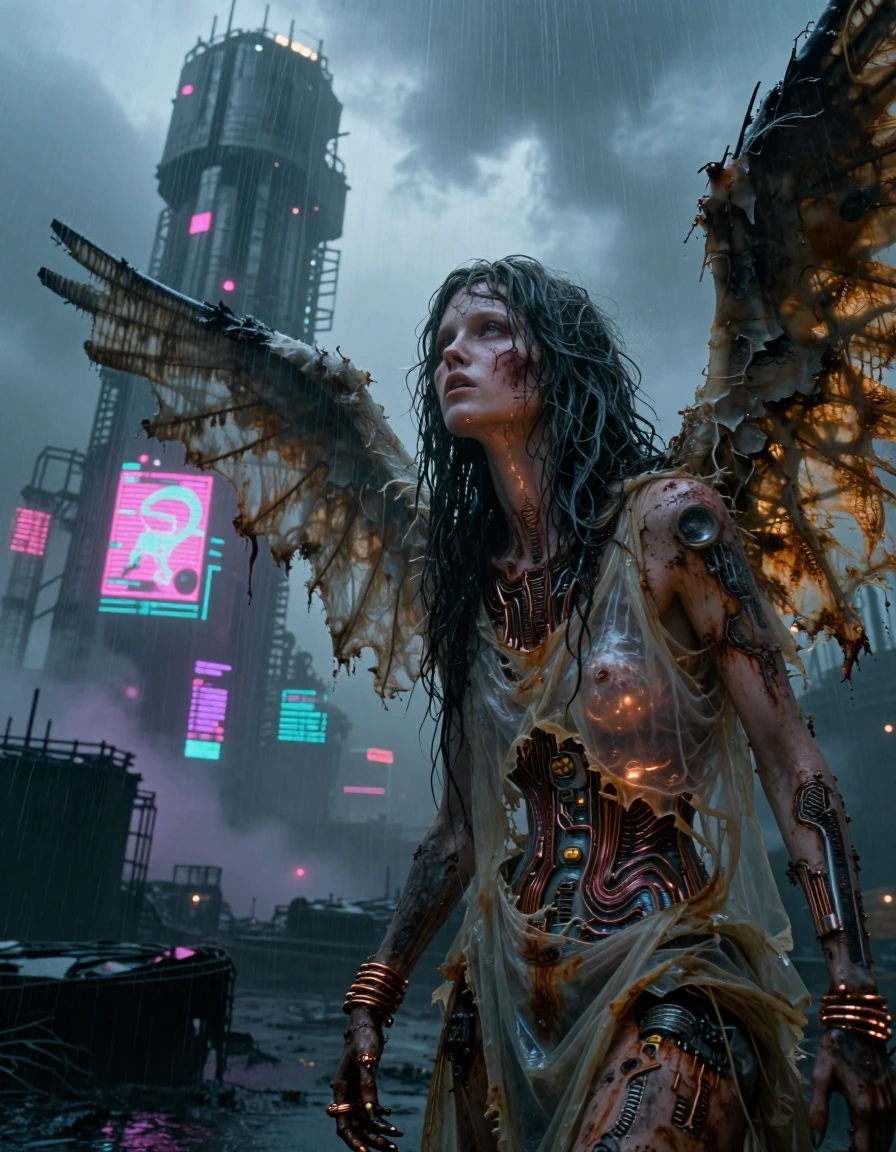 towering skeletal megastructures of corroded rebar and fractured concrete, piercing acid-rain clouds, neon pink and sickly cyan holograms glitching ac