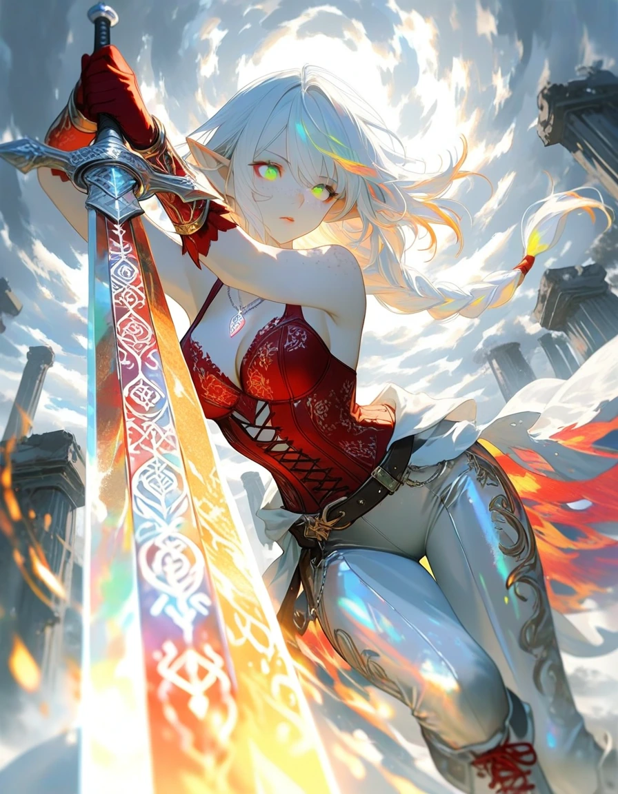 Young adult female elf warrior, very pale porcelain skin, slight pointed elf ears subtly visible through hair, slender yet athletic build, emphasizing agility and strength, with defined muscles in her arms and torso from wielding weapons. Sharp facia