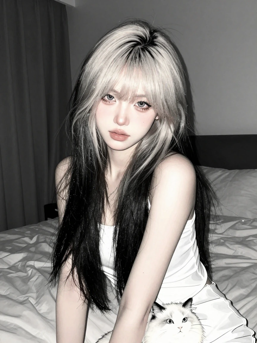 Woman long to platinum pastel black hair and bangs in a bedroom at night, soft ink outline. Cat
