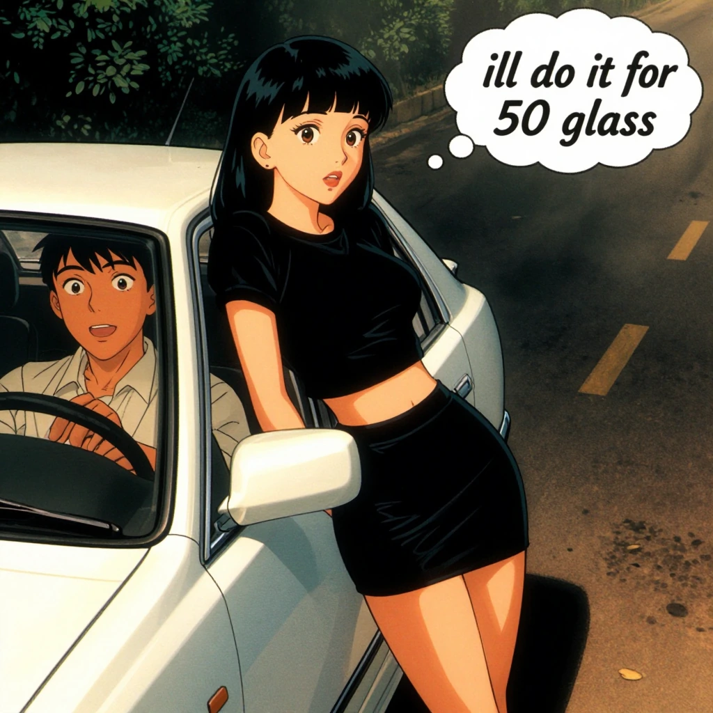 a woman leaning into the window of a car on the street corner r wearing a short black mini skirt, and black cut off top. she is talking to a man drive