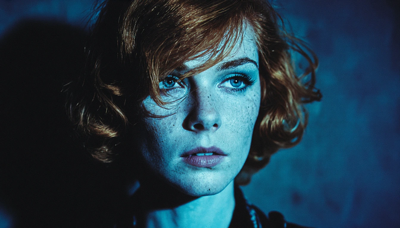 # Portrait in Blue A woman with striking auburn hair gazes intensely into the distance, her pale skin adorned with delicate freckles. Wind sweeps strands across her face as her blue eyes reflect a cool, moody light. The cinematic lighting bathes the 