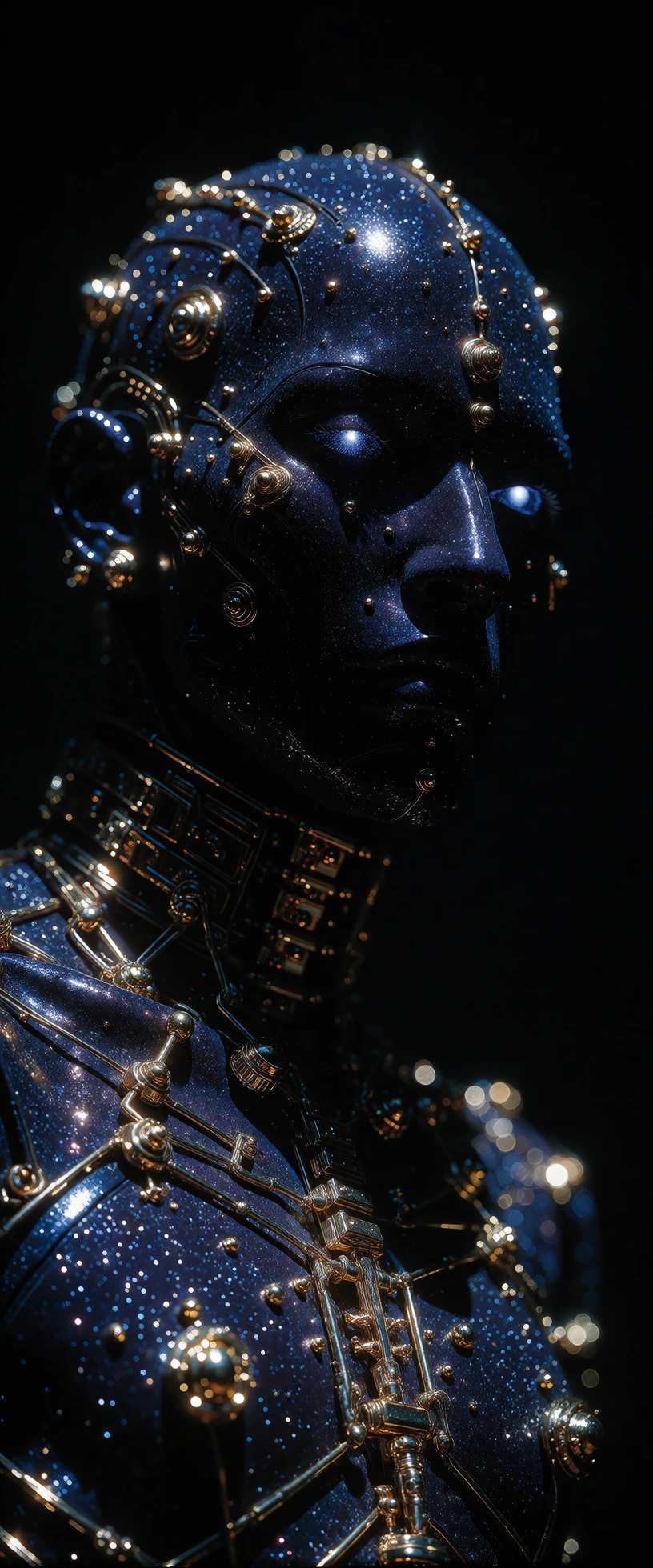 A hyper-detailed, cinematic masterwork of a striking human model standing gracefully in absolute pitch darkness, illuminated exclusively by intense, high-output ultraviolet lights.